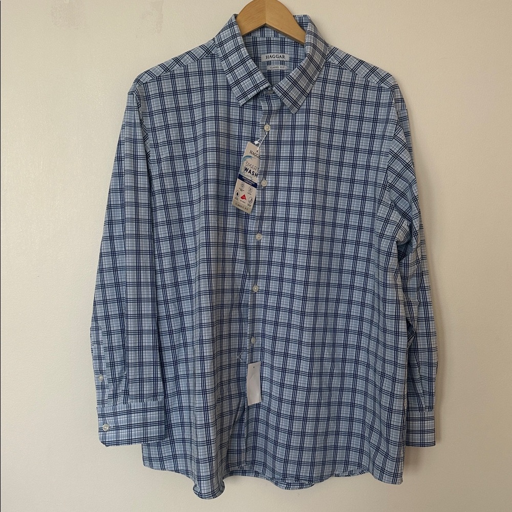 NWT Haggar Smart Wash Classic Dress Shirt Blue Comfort Collar 17–17.5 32/33